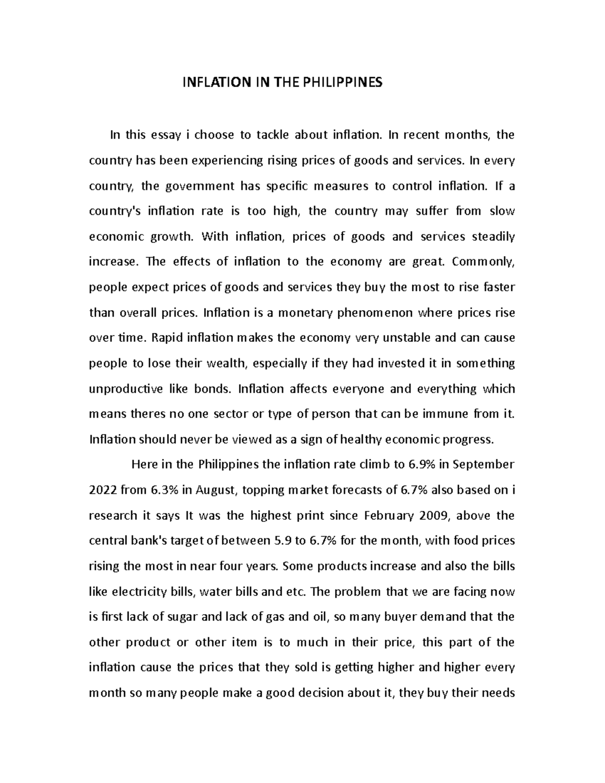 inflation essay in tagalog