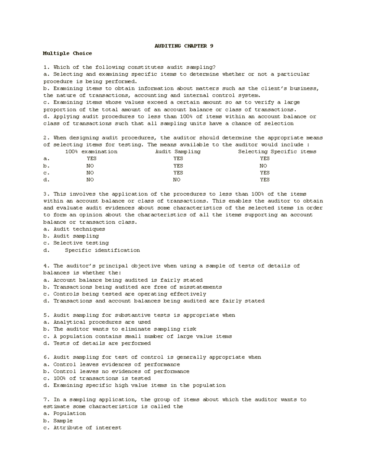 Auditing Chap 9 - AUDITING CHAPTER 9 Multiple Choice Which Of The ...