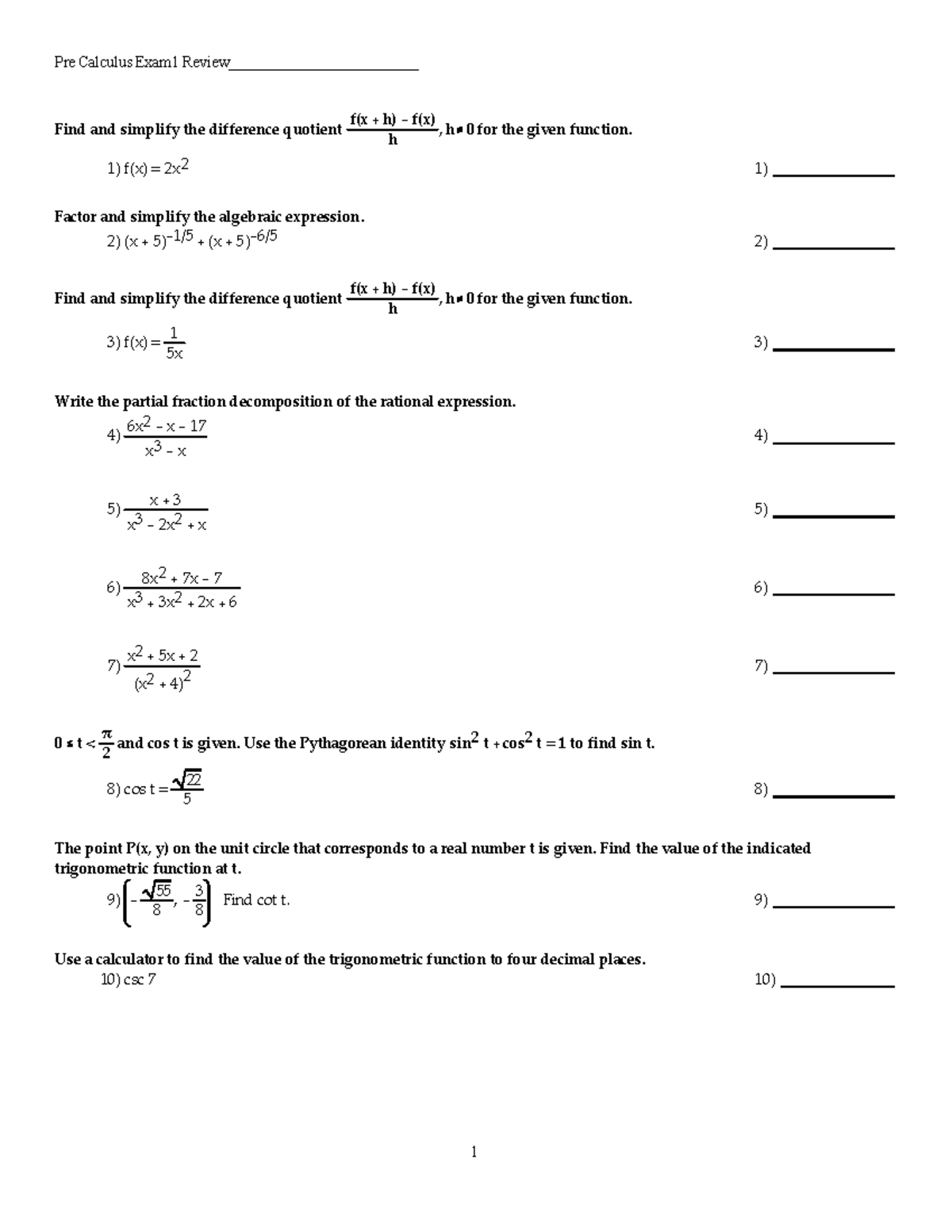 2412 Exam1 Review - Pre Calculus Exam1 Review 