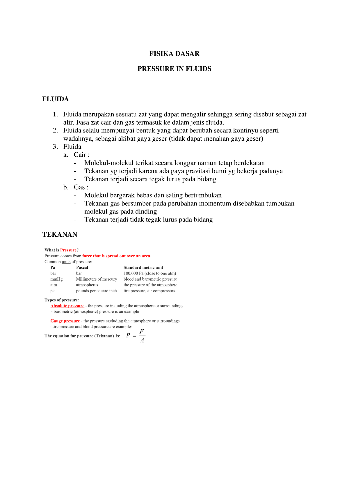 Fisika Dasar - Pressure IN Fluids - FISIKA DASAR PRESSURE IN FLUIDS ...