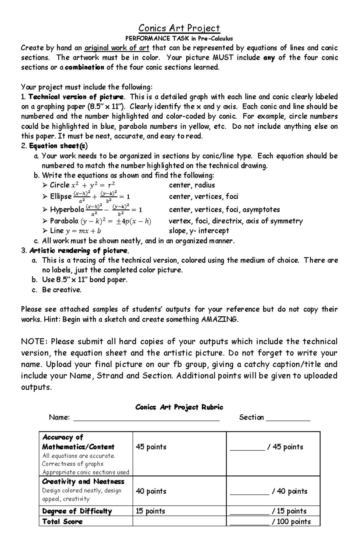 PT precal - Najxbaba - Conics Art Project PERFORMANCE TASK in Pre ...