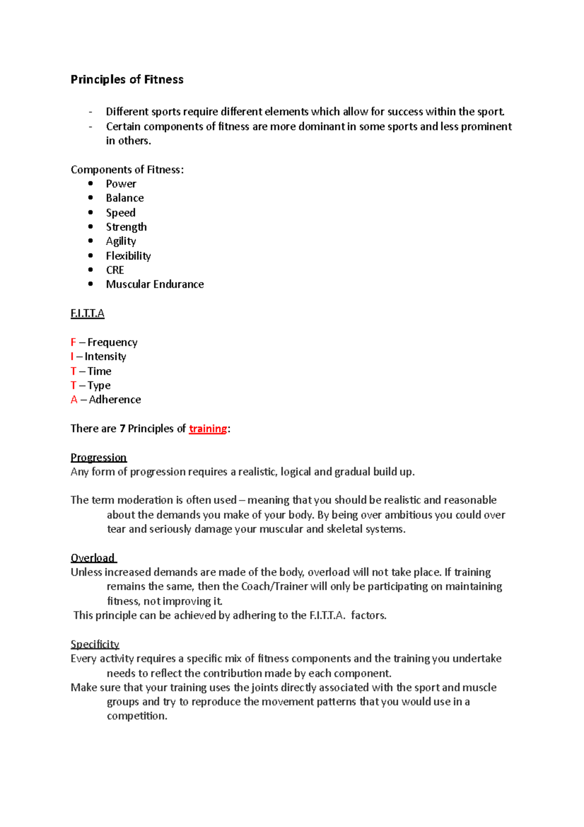 Principles of Fitness - Principles of Fitness Different sports require ...