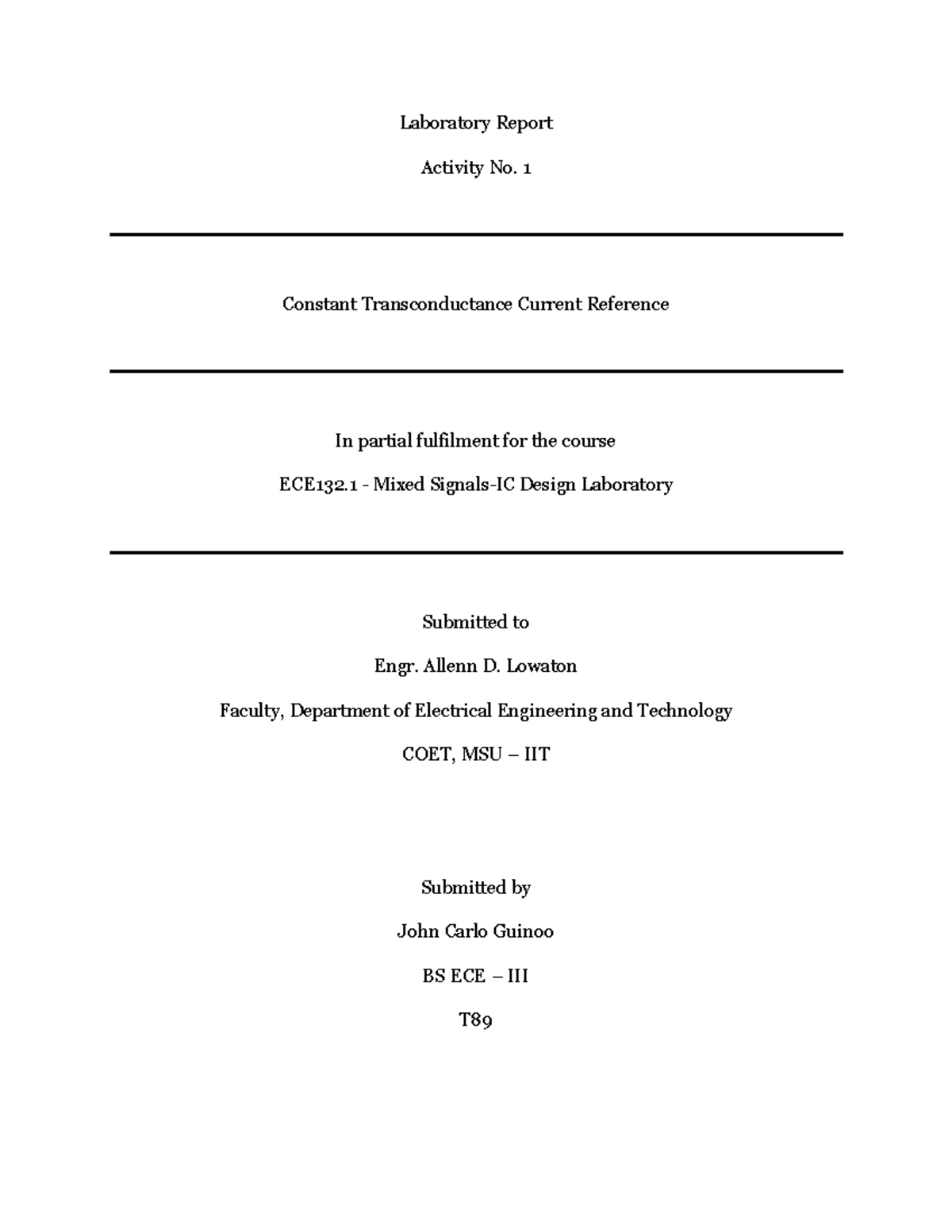 Constant Gm Current Reference Laboratory Report Activity No. 1