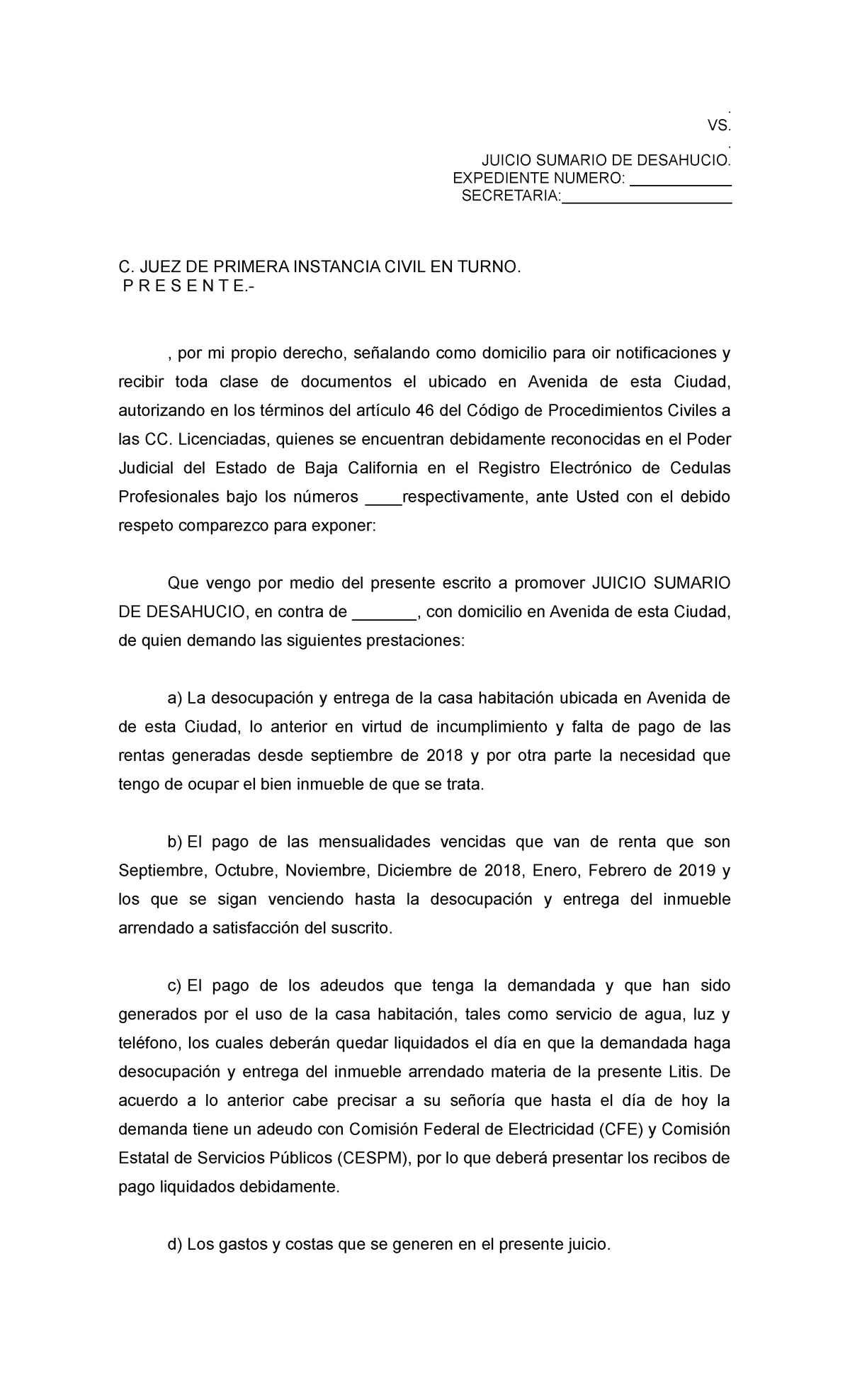 Sumario DE Desahucio - FORMATO - . VS. . JUICIO SUMARIO DE DESAHUCIO.  EXPEDIENTE NUMERO: - Studocu