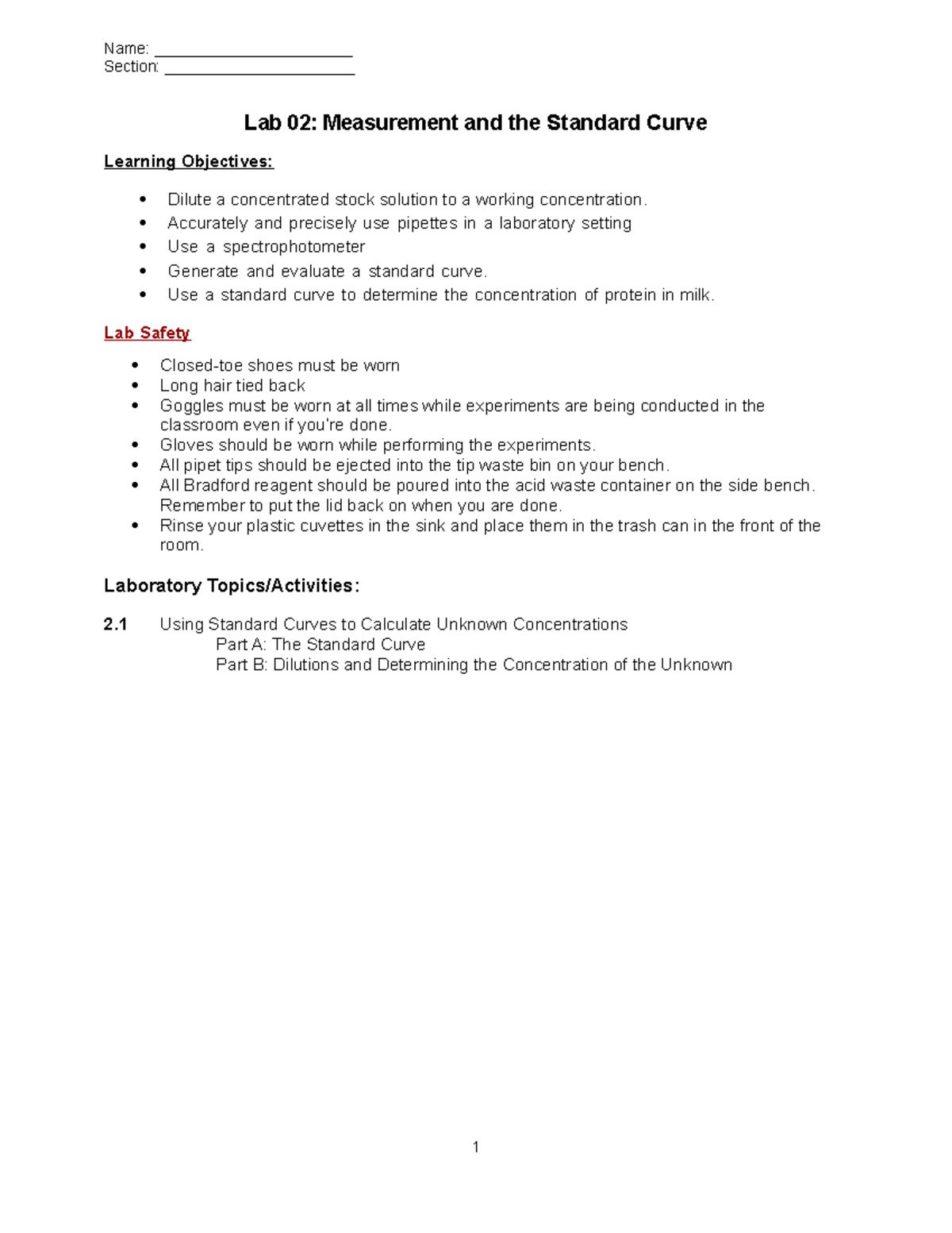 LAB 02 Standard Curve Section ______________________ Lab 02