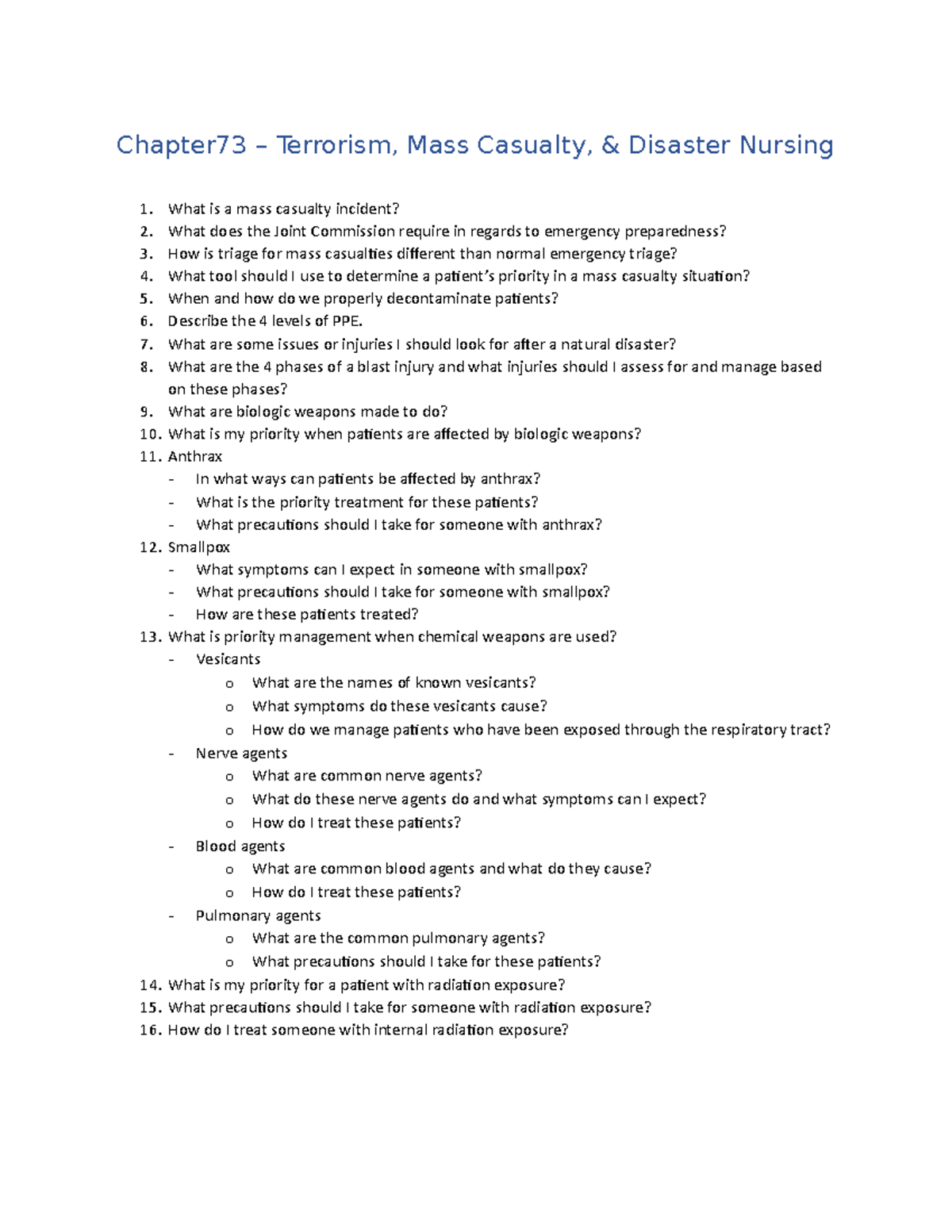 Chapter 73 Key Questions - Chapter73 – Terrorism, Mass Casualty ...