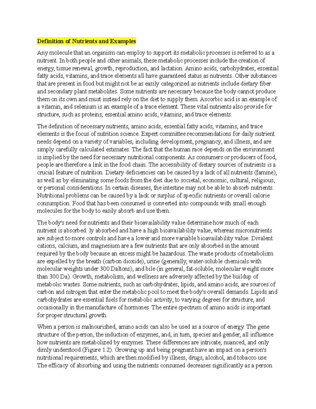 Definition of Nutrients and Examples Studocu