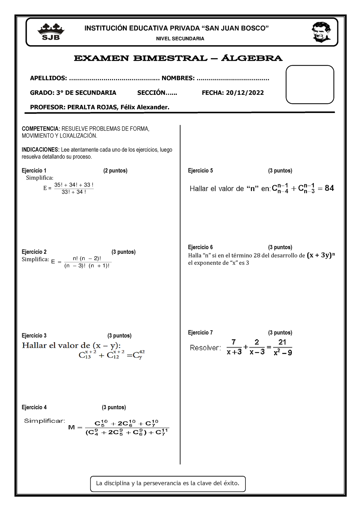 3ro Algebra Examen Bimestral - La Disciplina Y La Perseverancia Es La ...