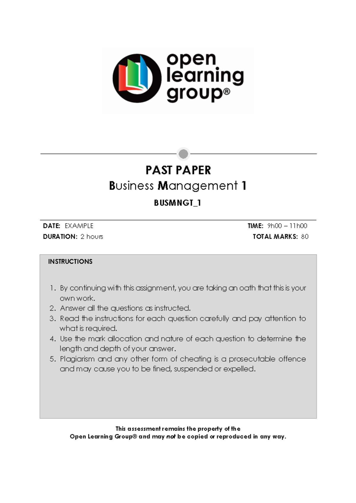 Busmngt 1 PAST Paper - PAST PAPER Business Management 1 BUSMNGT_ 1 DATE ...