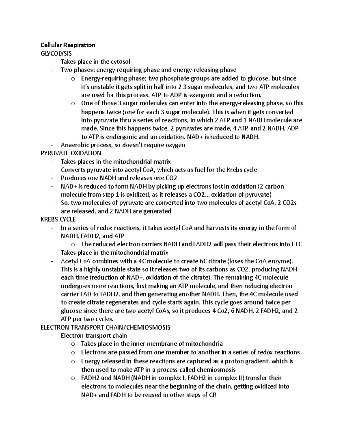 LS7A Final Study Guide - Cellular Respiration GLYCOLYSIS - Takes place ...