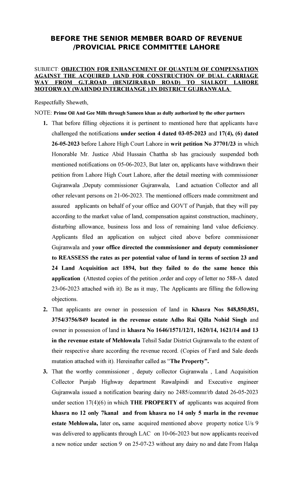 Objections for enhancement of compensation Land acquisition collector