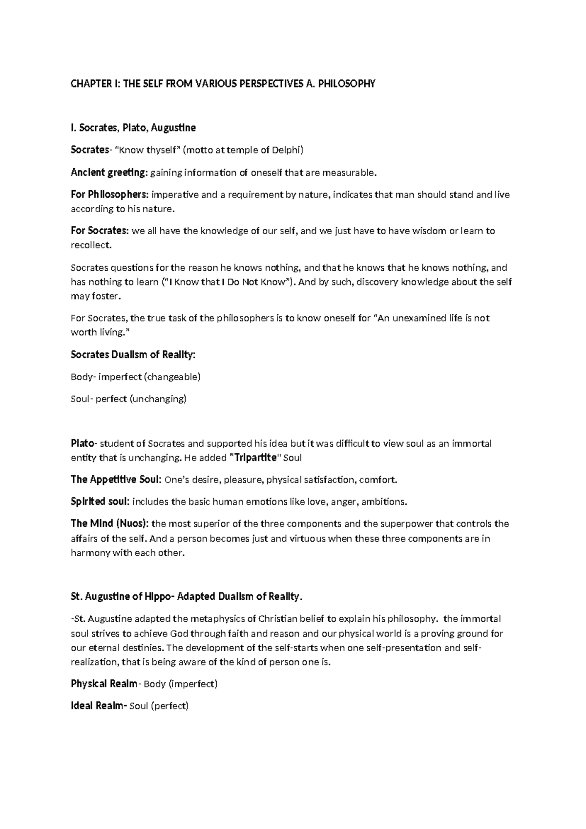 UTS Reviewer - CHAPTER I: THE SELF FROM VARIOUS PERSPECTIVES A ...