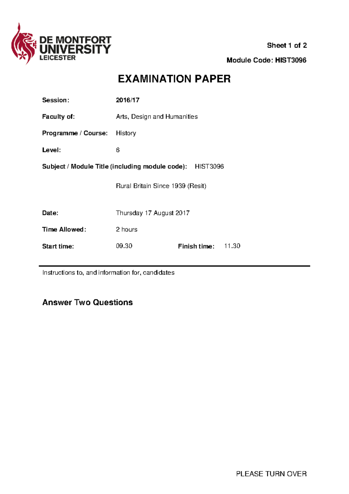 Rural Britain Since 1939 (Resit) - Sheet 1 of 2 Module Code: HIST ...