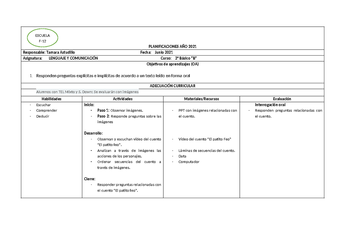 Planificación 2° B - Planivifacion De Un Segundo Basico ...