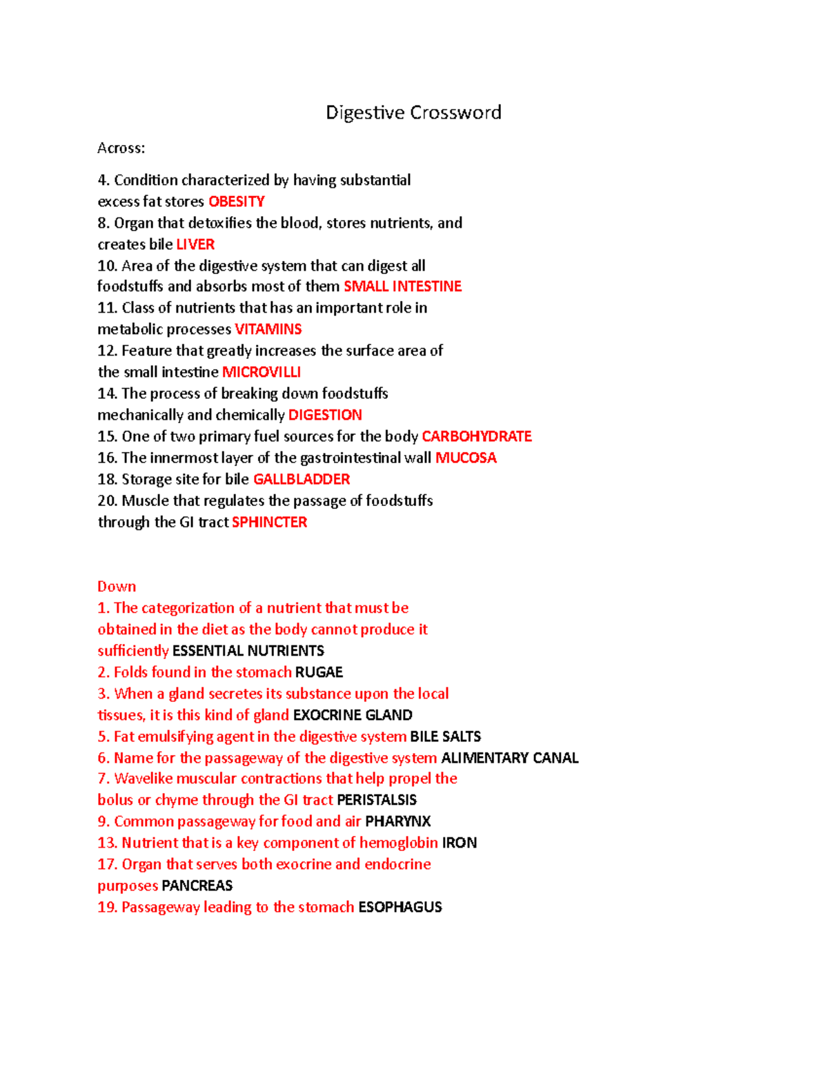 Digestive Crossword Digestive Crossword Across Condition