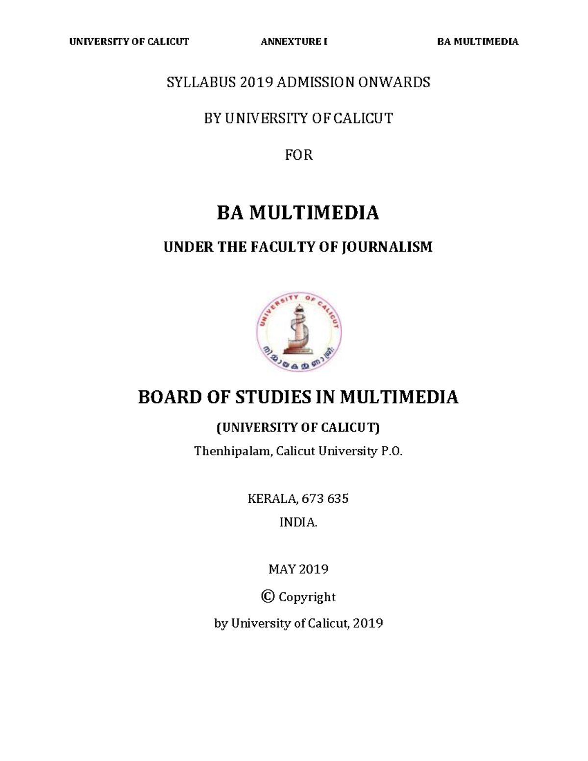 BA Multimedia 2019 Syllabus SYLLABUS 2019 ADMISSION ONWARDS BY