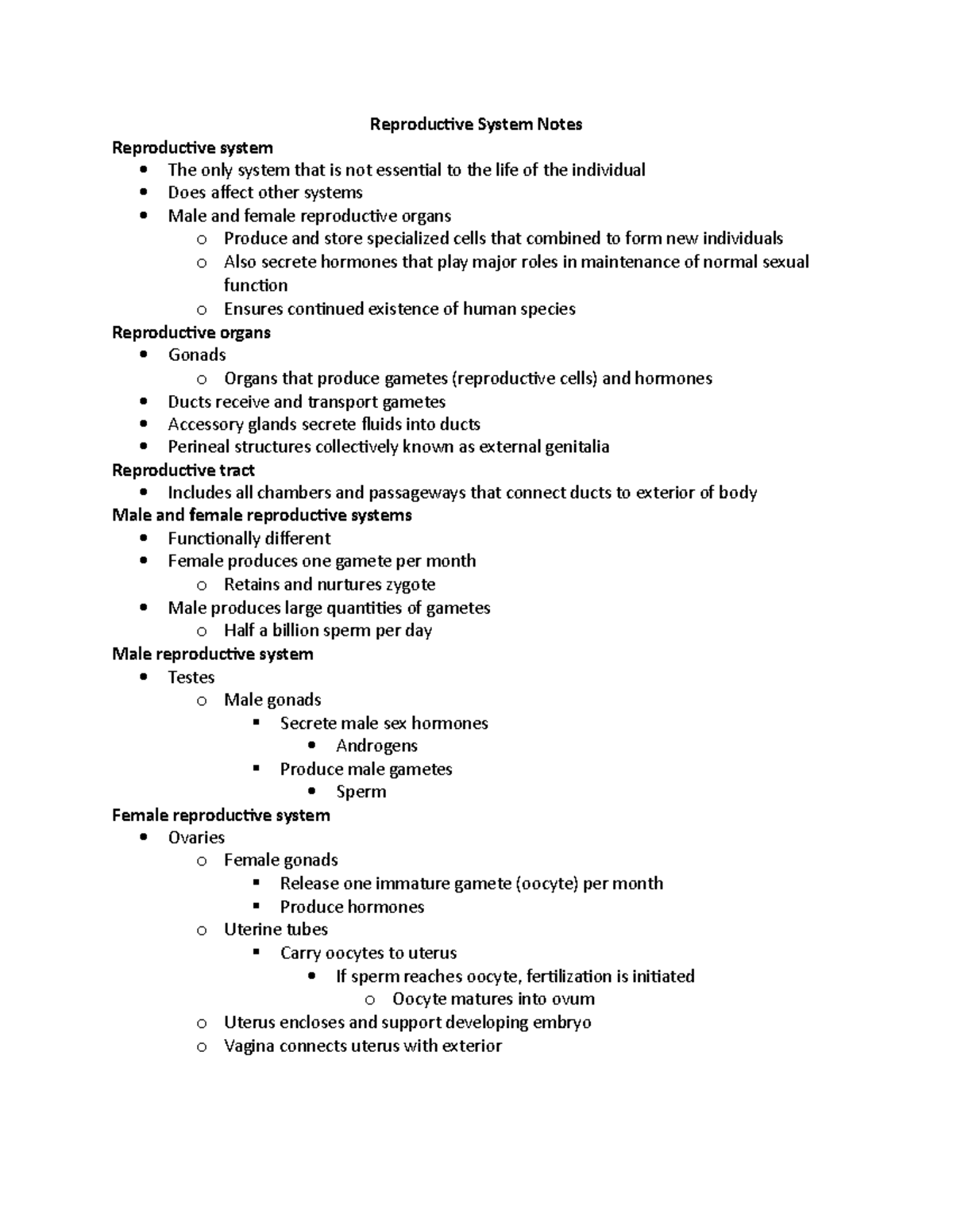 Reproductive System Notes - Reproductive System Notes Reproductive ...