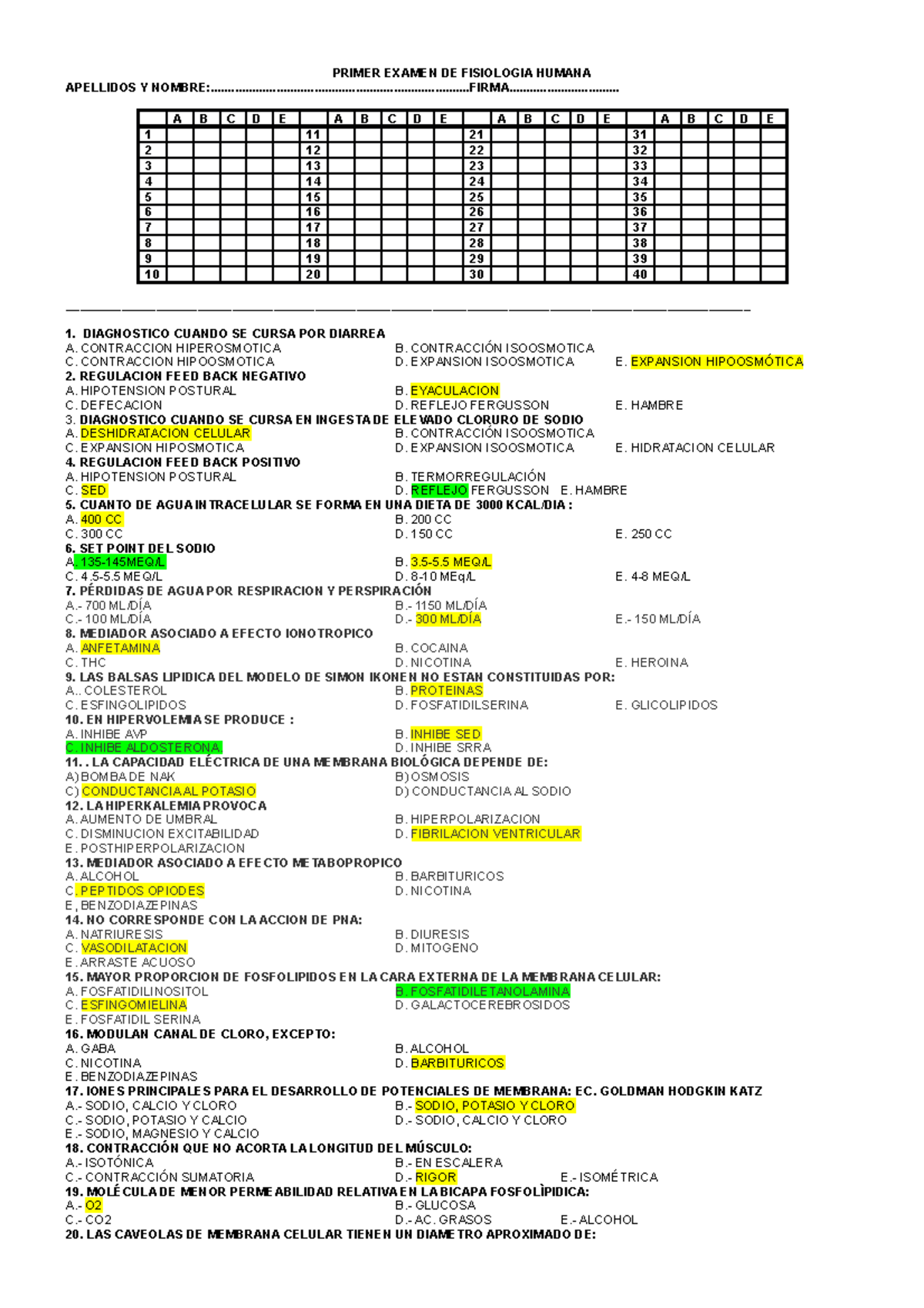 Examen, Preguntas Y Respuestas - PRIMER EXAMEN DE FISIOLOGIA HUMANA ...