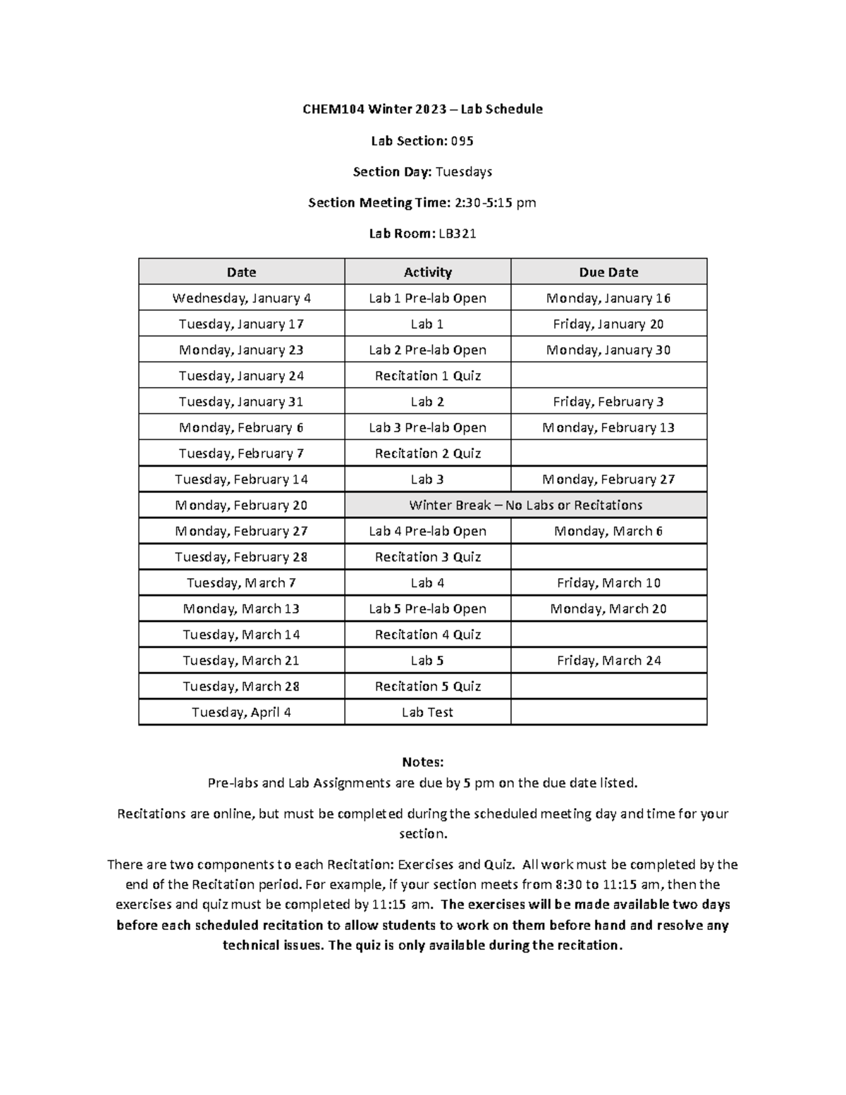 CHEM104 Winter 2023 Schedule Section 095 CHEM104 Winter 2023 Lab