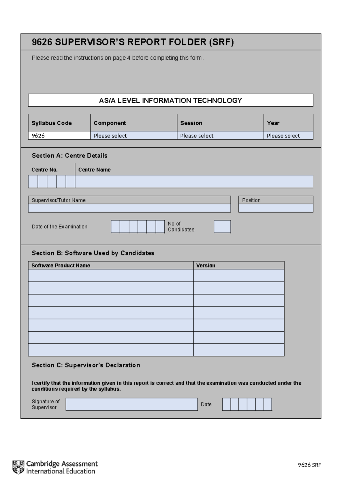 9626 Electronic SRF CAIE 2024 - 9626 SUPERVISOR’S REPORT FOLDER (SRF ...