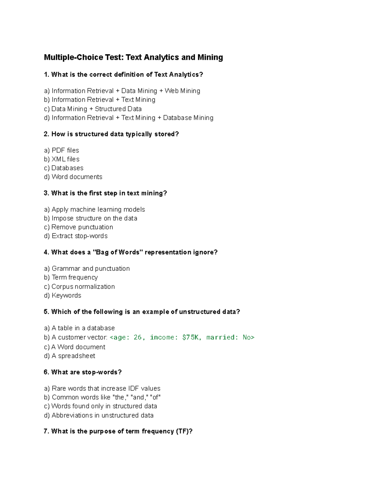 ITM618 Practice - Multiple-Choice Test: Text Analytics and Mining 1 ...
