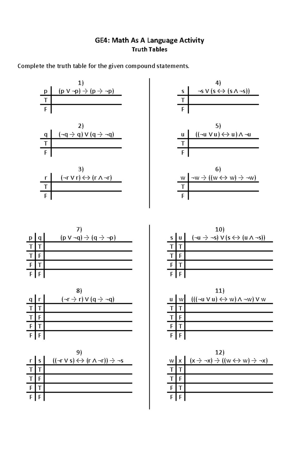 Truth Table Exercises QA GE4 Math As A Language Activity Truth