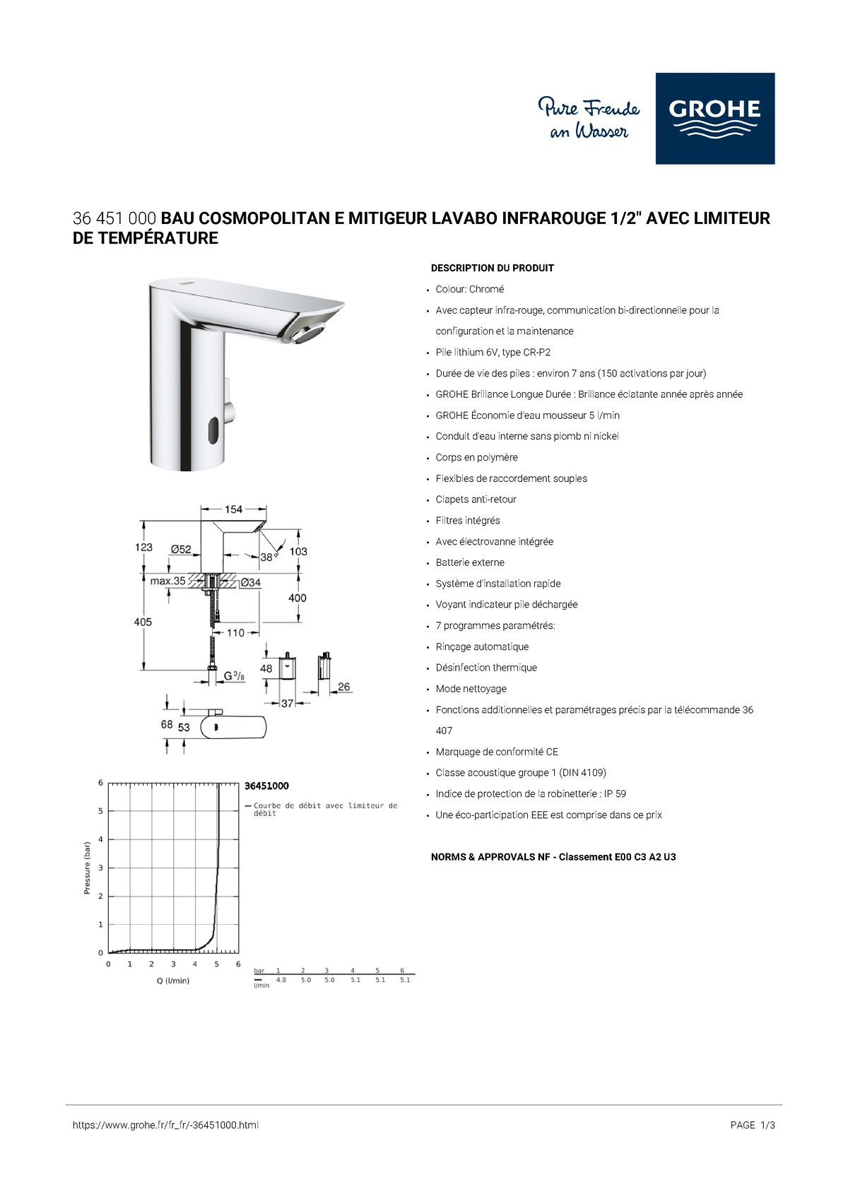 Mitigeur lavabo infrarouge GROHE Bau Cosmopolitan E 36451000