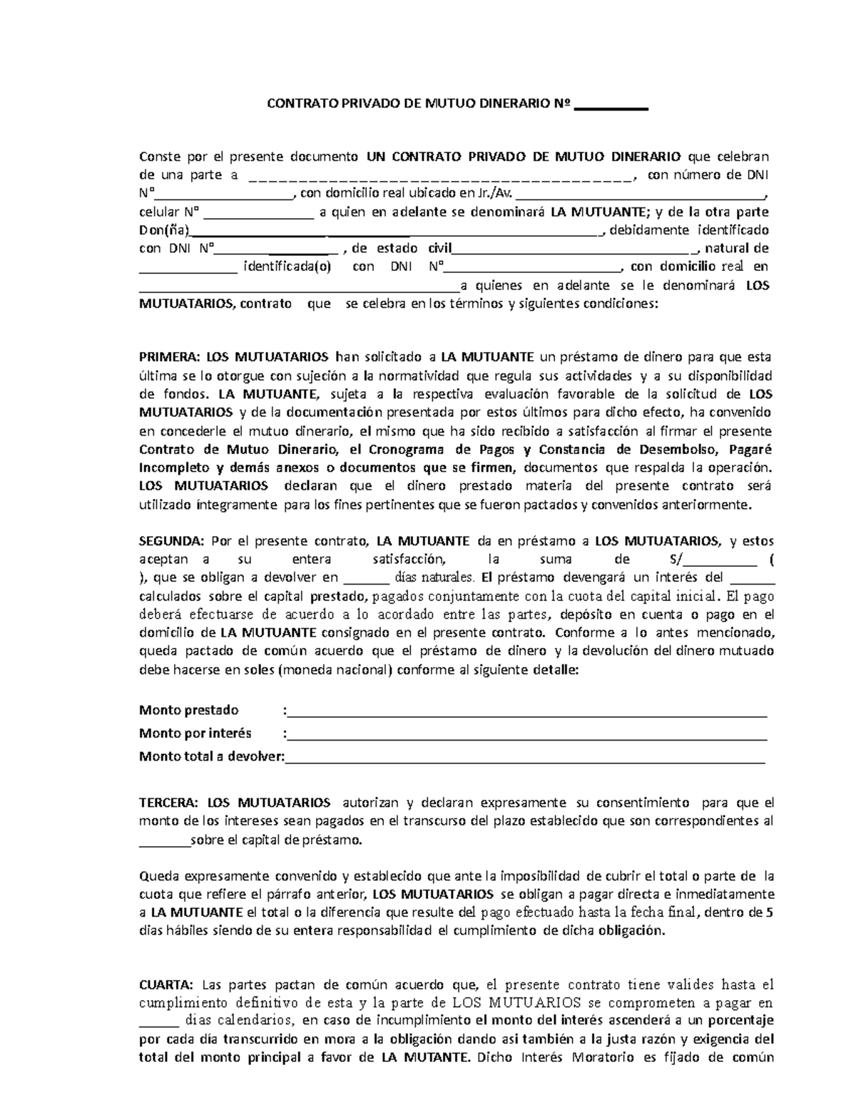 Modelo De Contrato De Mutuo Caracteristicas Fisicas E