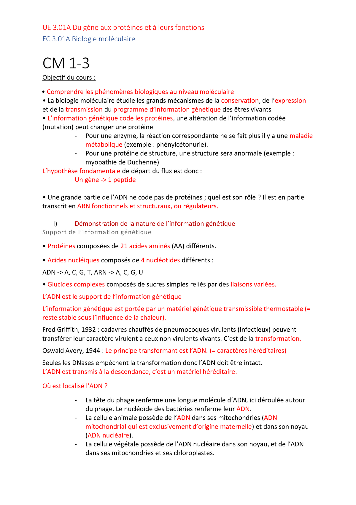 Cm 1 3 Cours Résumé Du Cm 1 3 Ec 3 Biologie Moléculaire Cm 1 3 Objectif Du Cours 