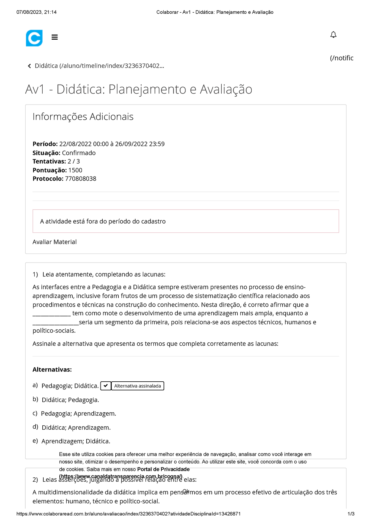 Colaborar - Av1 - Didática Planejamento E Avaliação - 07/08/2023, 21:14 ...
