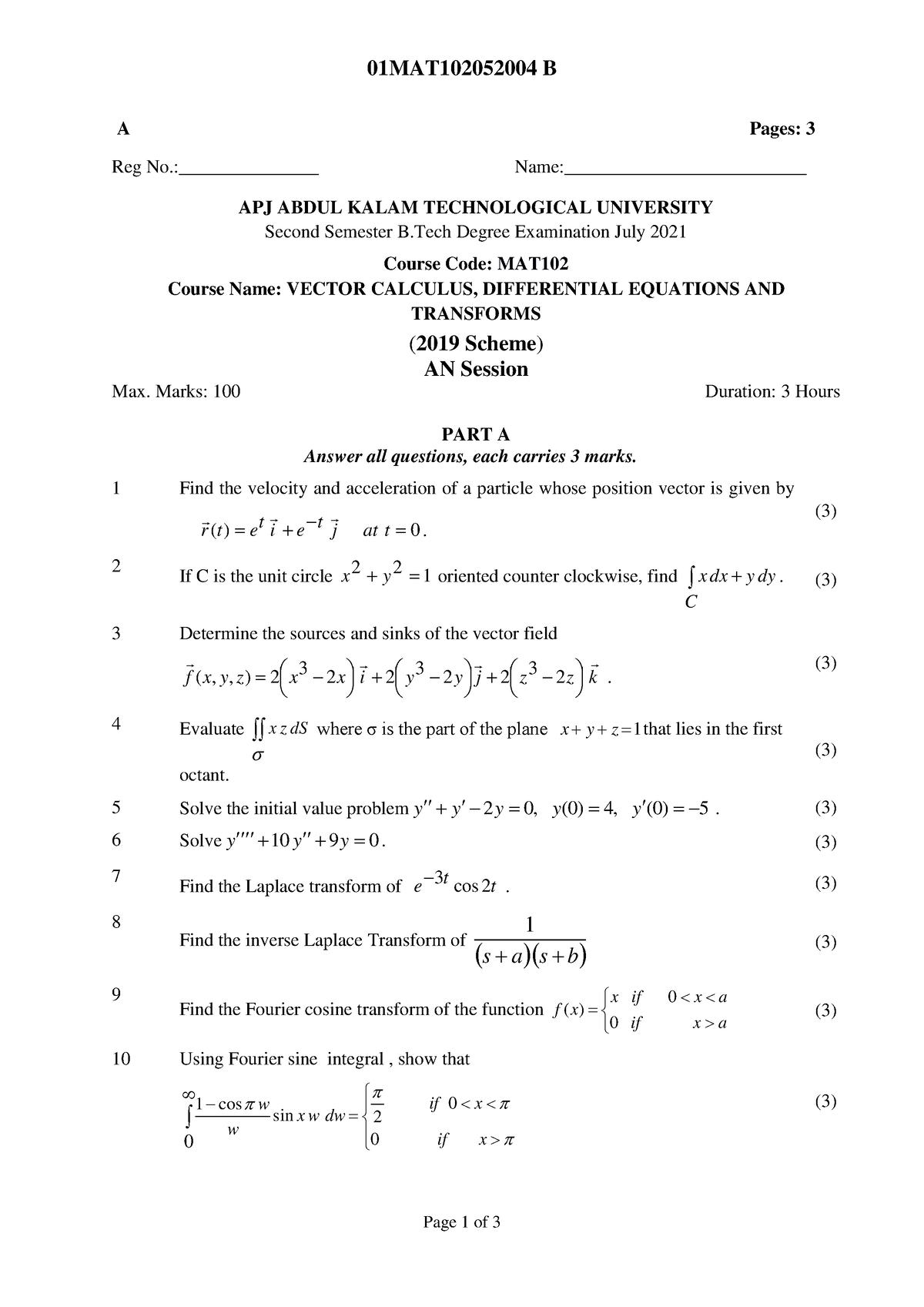 MAT102-QP - 09.11.2021 AN Session - 01MAT102052004 B Page 1 Of 3 A ...