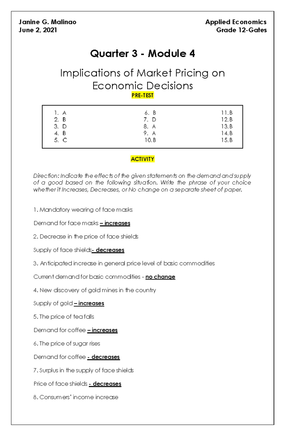 Applied Economics Q3 M4 - Quarter 3 - Module 4 Implications Of Market ...