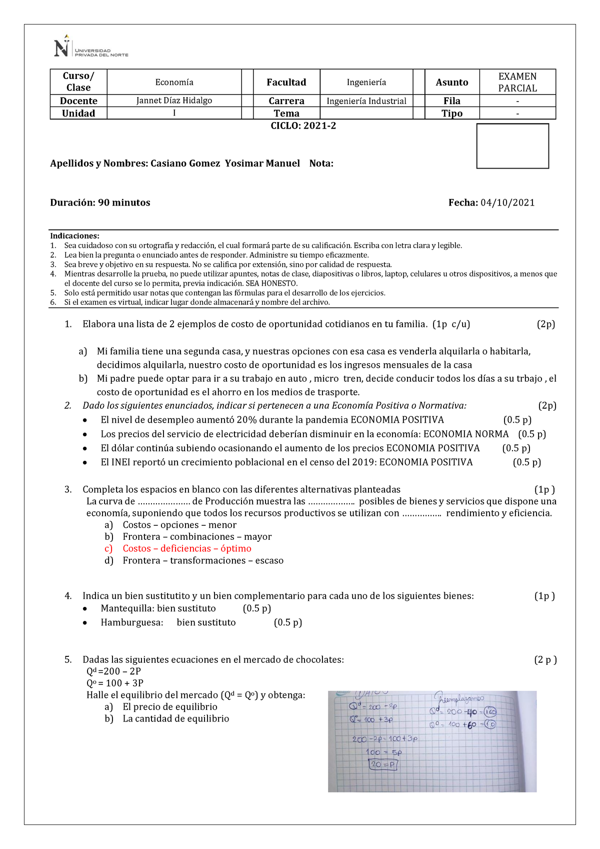 Examen Parcial DE Economia - Curso/ Clase Economía Facultad Ingeniería ...