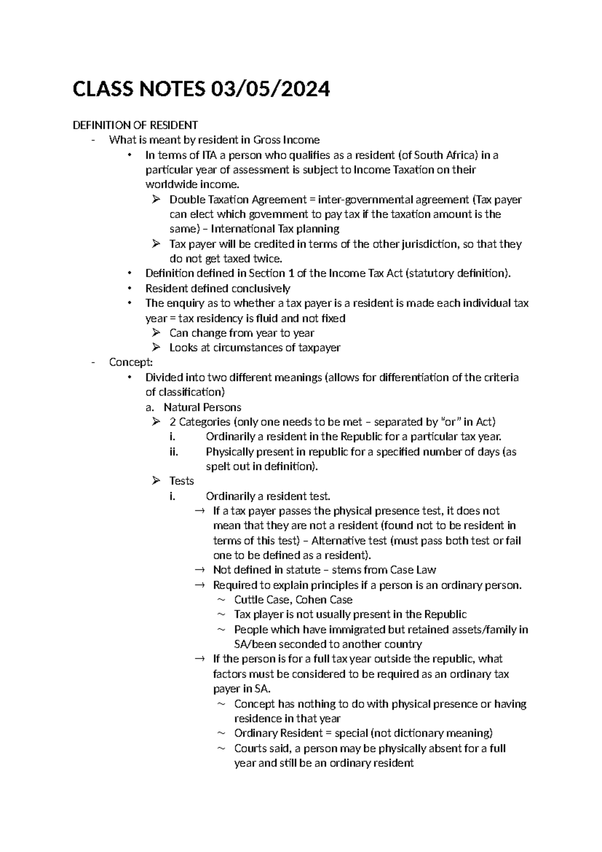 Class Notes (03 05 2024) - CLASS NOTES 03/05/ DEFINITION OF RESIDENT ...