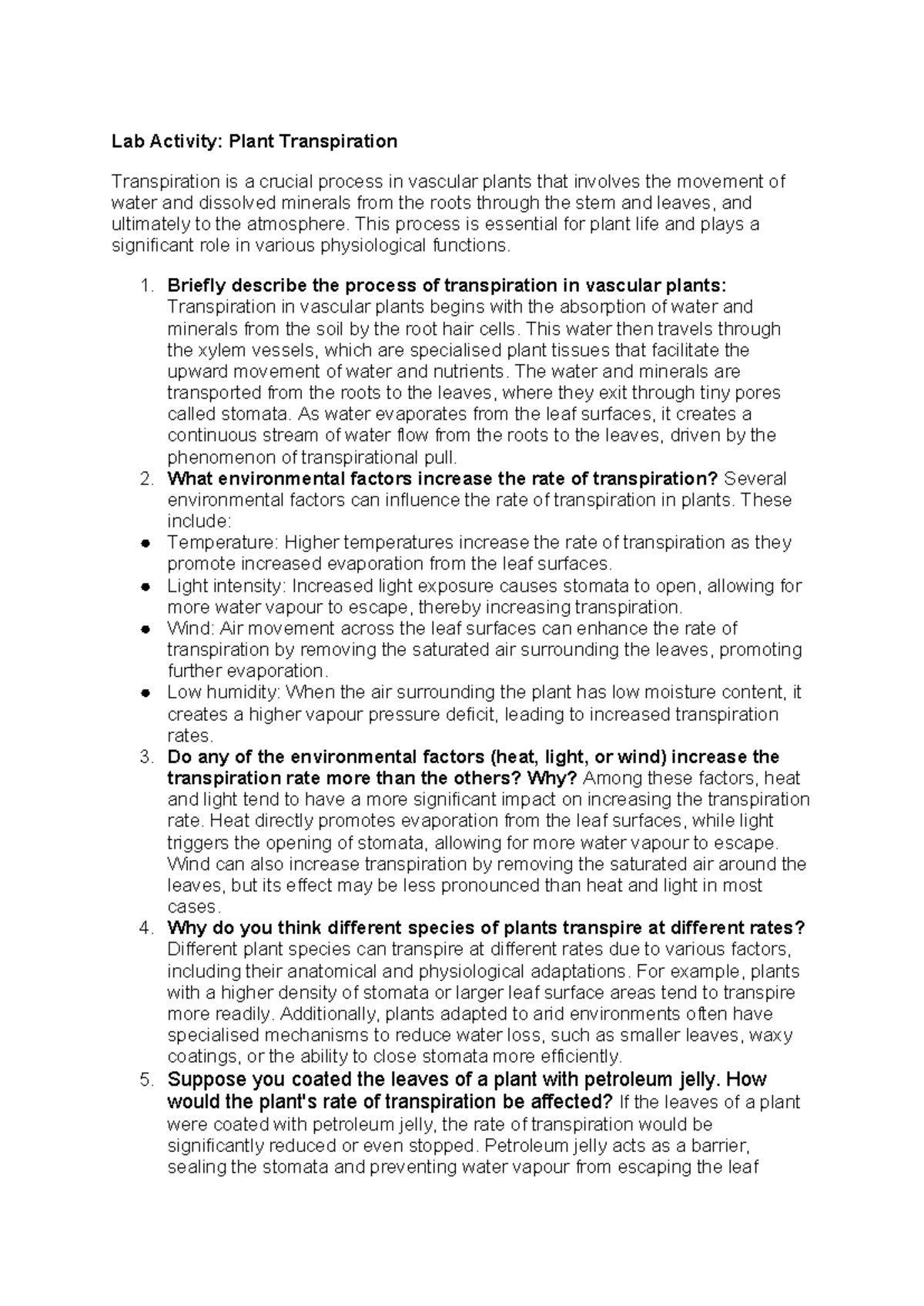 Lab Activity Plant Transpiration - Lab Activity: Plant Transpiration ...