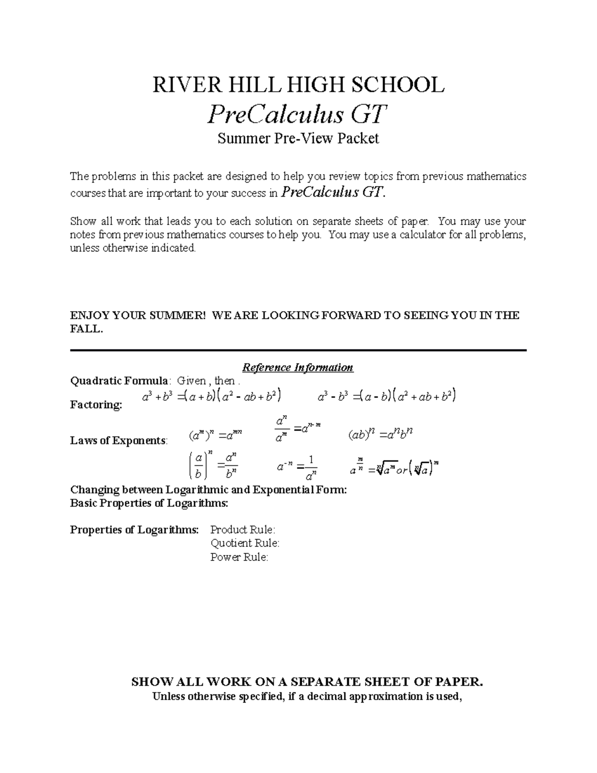 Pre Calculus Summer PREview 2020 RIVER HILL HIGH SCHOOL PreCalculus