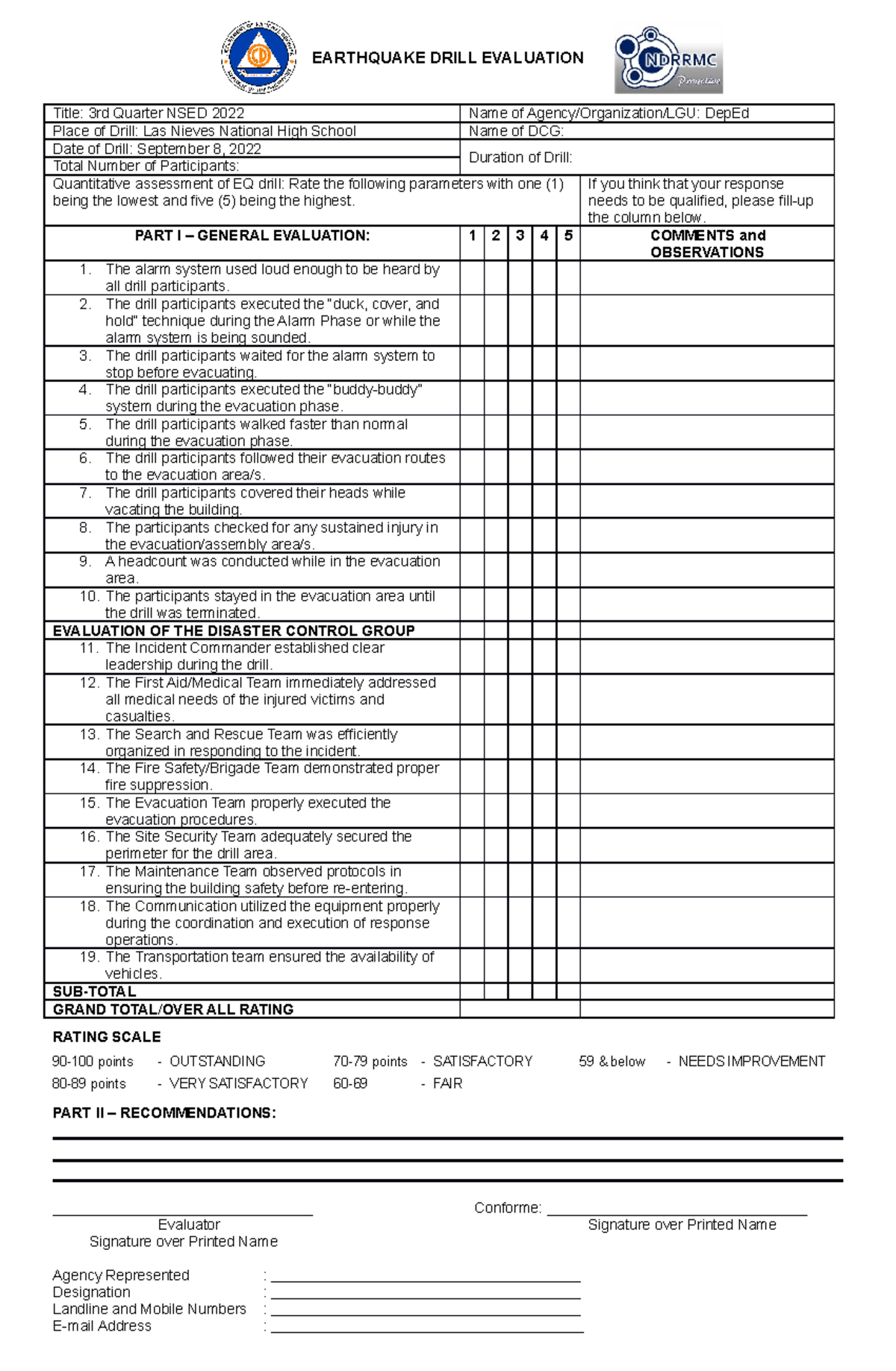 OCD Earthquake Drill Evaluation FORM EARTHQUAKE DRILL EVALUATION