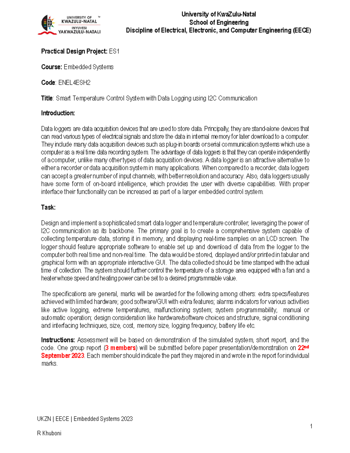 Project 2023 - University of KwaZulu-Natal School of Engineering