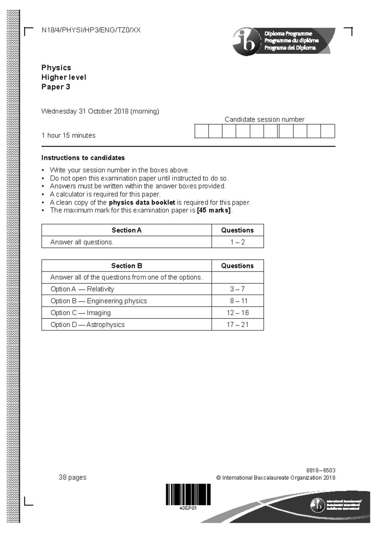 Physics paper 3 HL - N 18 /4/PHYSI/HP3/ENG/TZ0/XX Physics Higher level ...