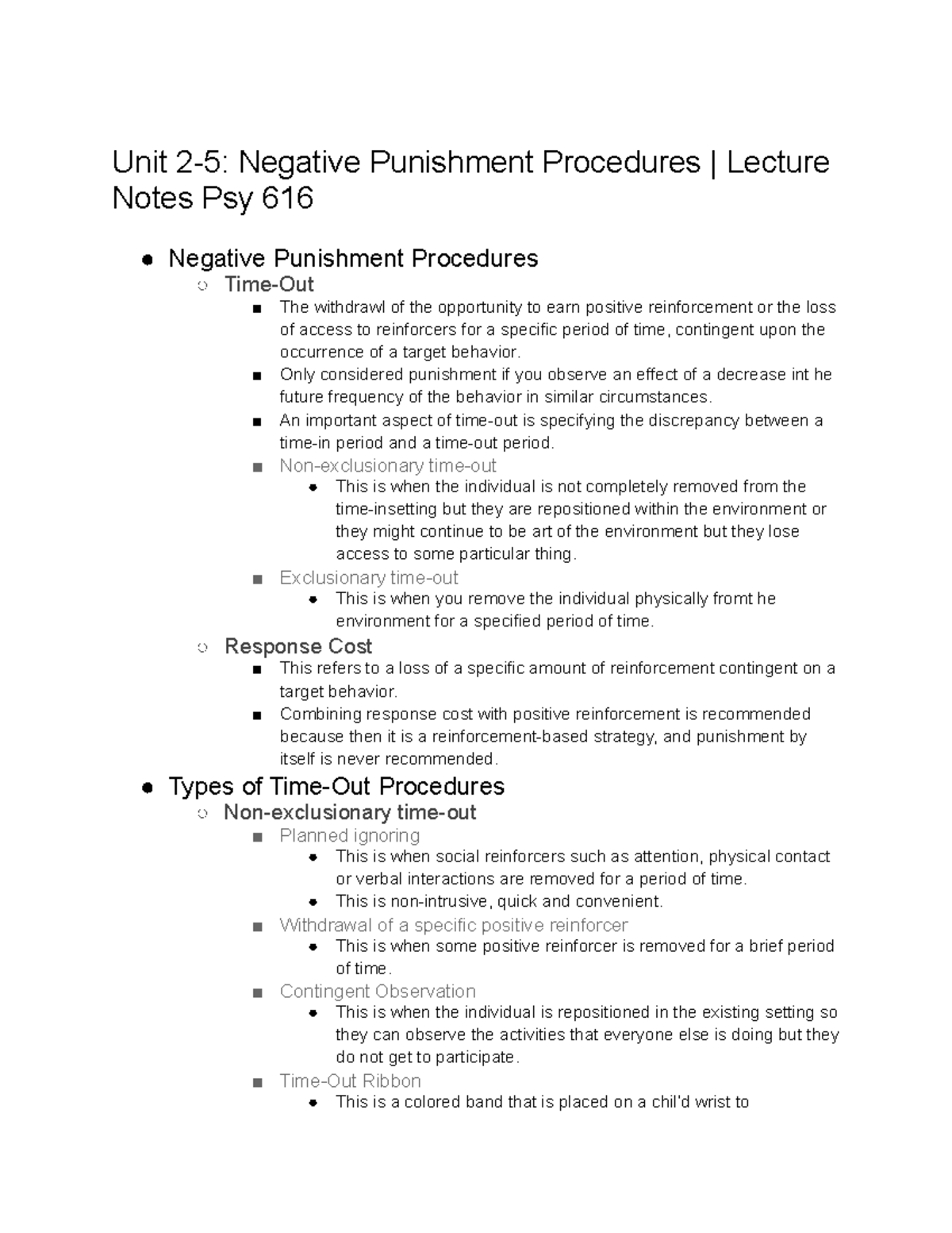 Unit 2 5 Negative Punishment Procedures Lecture Notes Psy 616 Only 