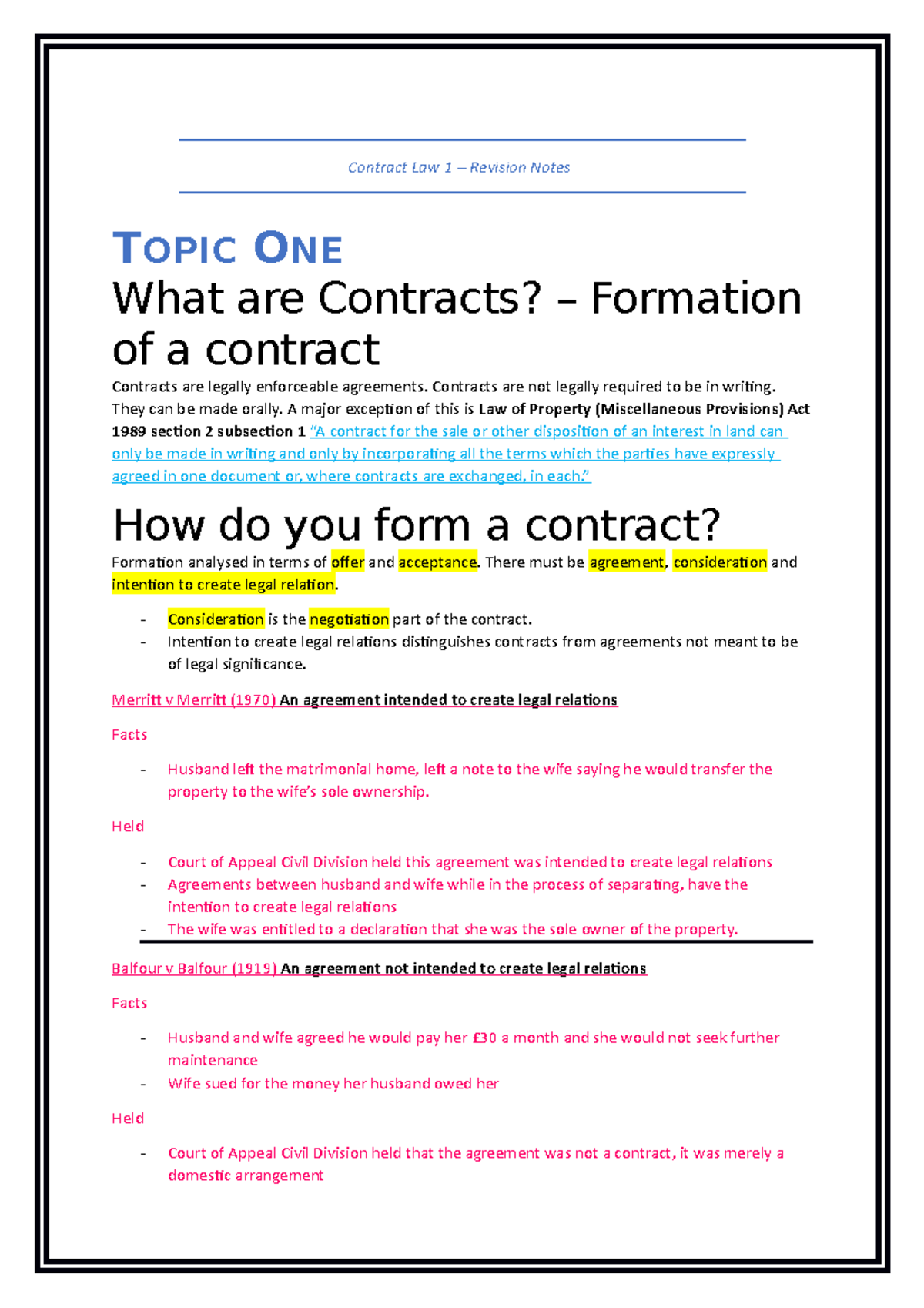 Contract Law 1 Revision Notes - Contract Law 1 - Revision Notes TOPIC ...