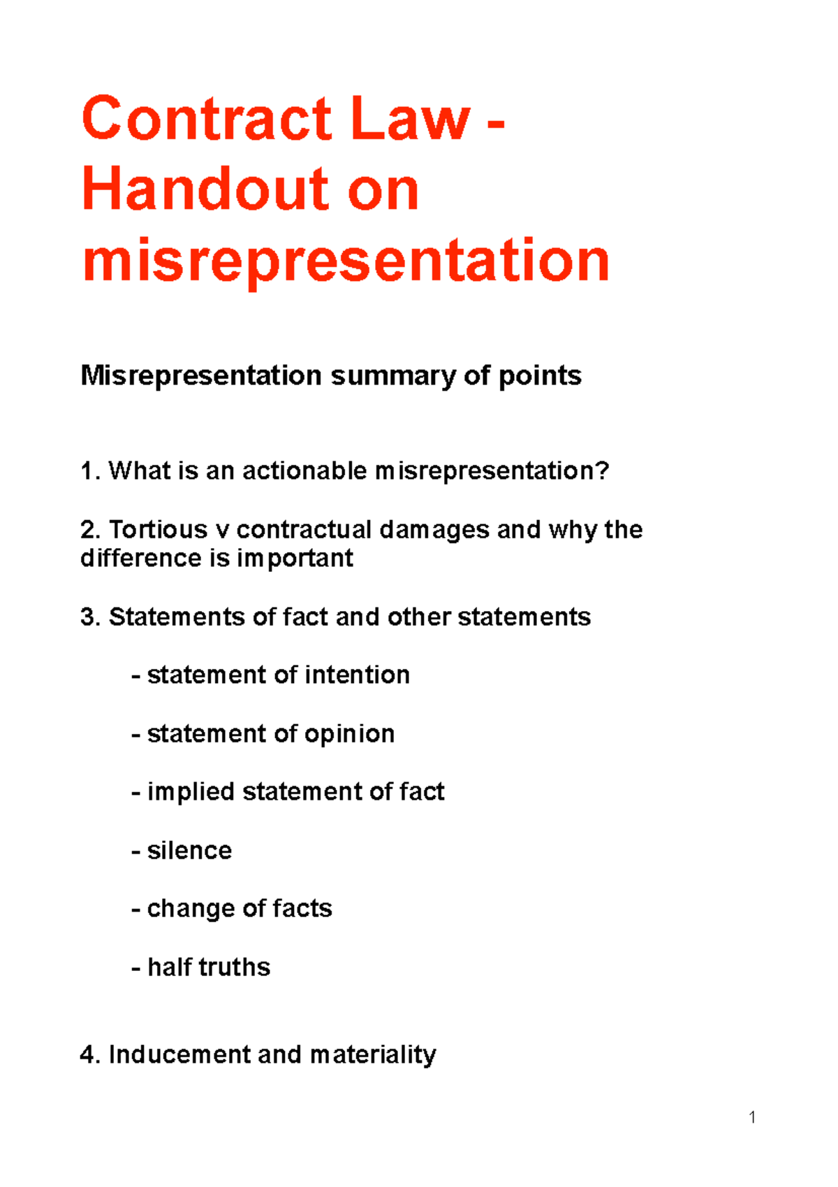 Misrepresentation Handout - Contract Law - Handout On Misrepresentation ...