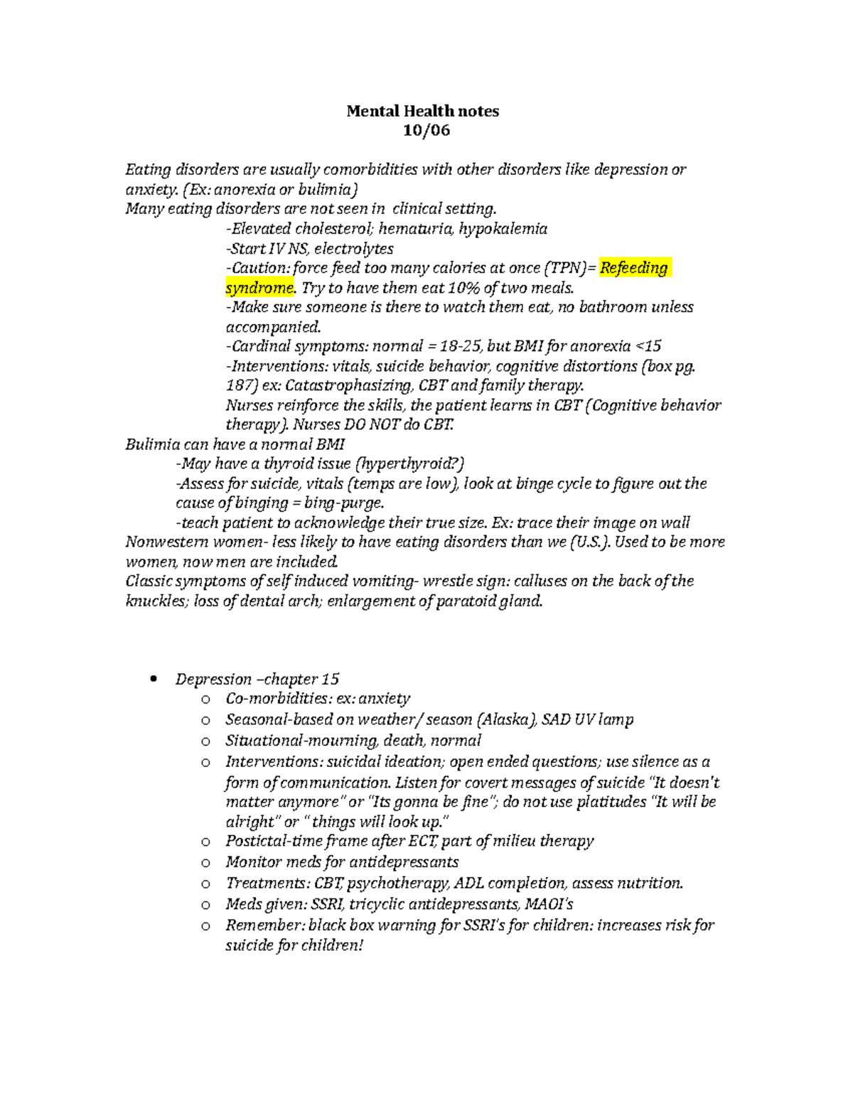 Mental Health notes - eating disorders, bipolar and schizophrenia ...