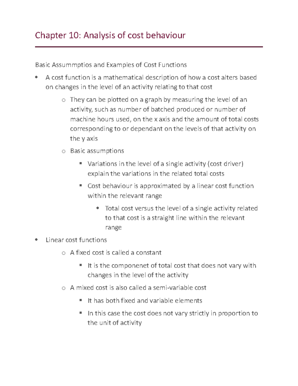 Chapter 10 - Lec notes for finance - Chapter 10: Analysis of cost ...