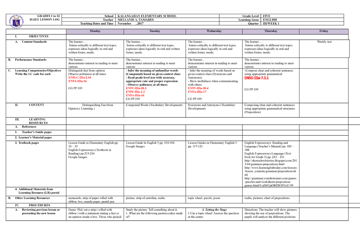 DLL Q3 WEEK 1 - ALL Subjects - GRADES 1 to 12 DAILY LESSON LOG School ...