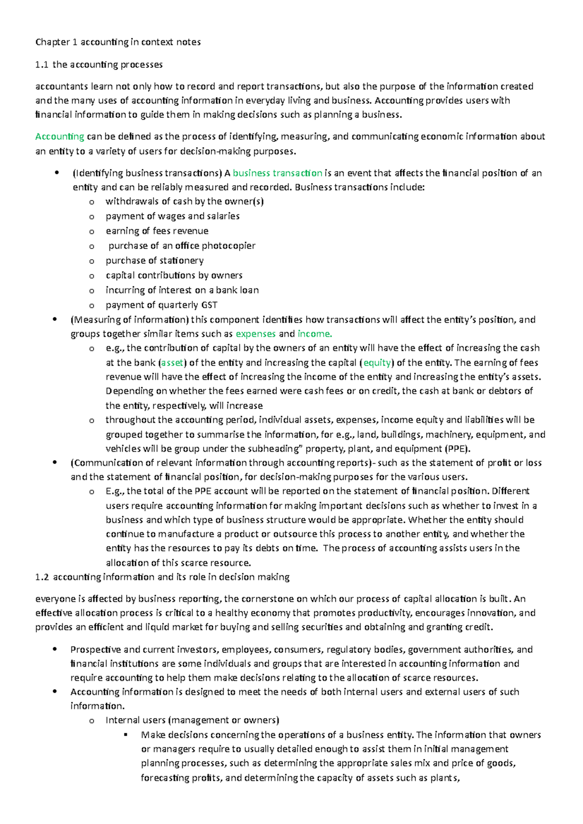 Chapter 1 accounting in context notes - Accounting provides users with ...