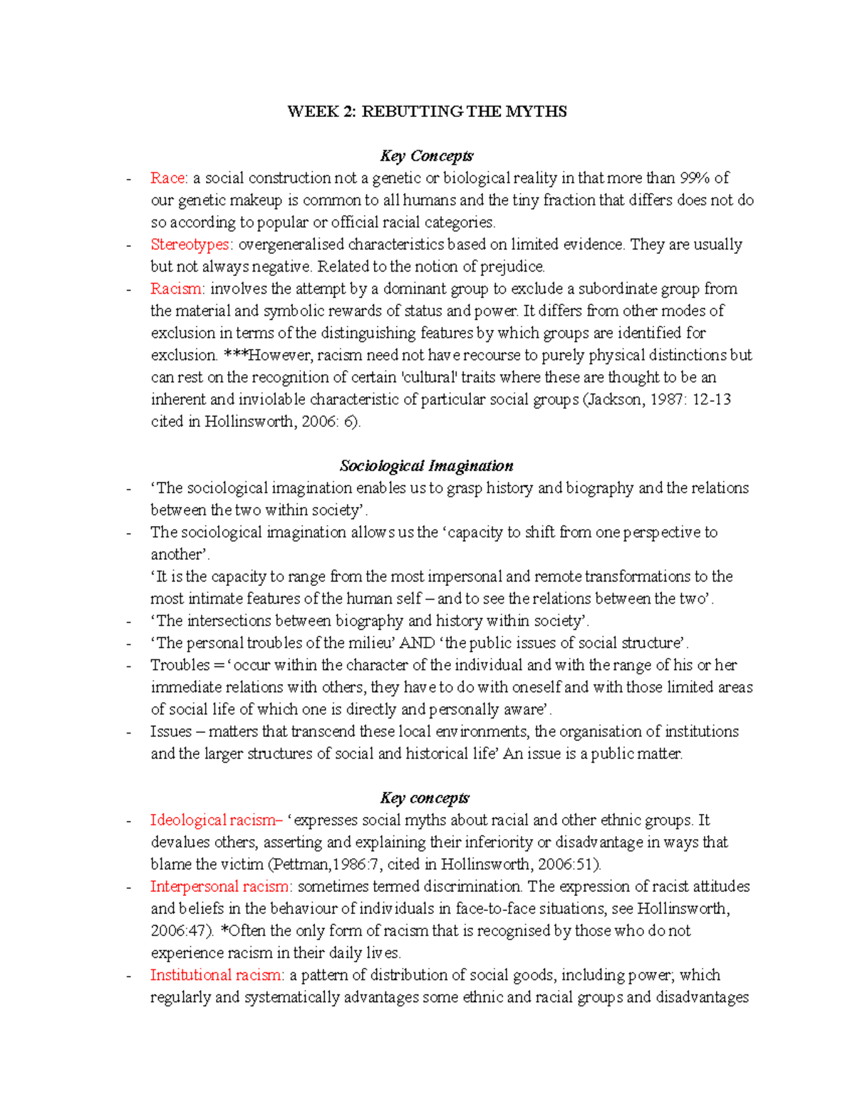 Week 2 SCS130 Lecture Notes - WEEK 2: REBUTTING THE MYTHS Key Concepts ...