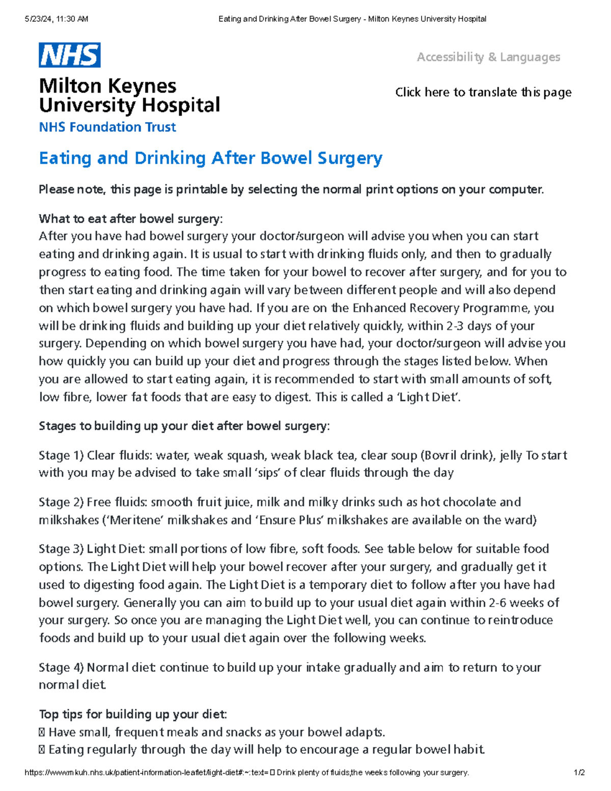 Eating and Drinking After Bowel Surgery Milton Keynes University