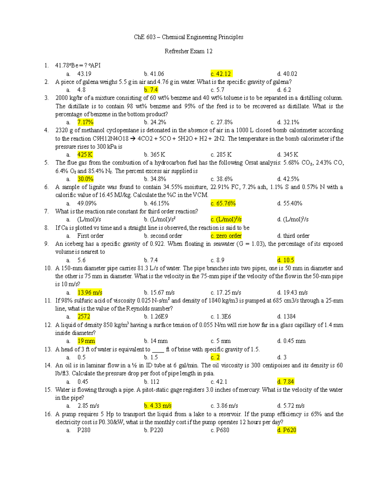 Exam 12, questions and answers - ChE 603 – Chemical Engineering ...