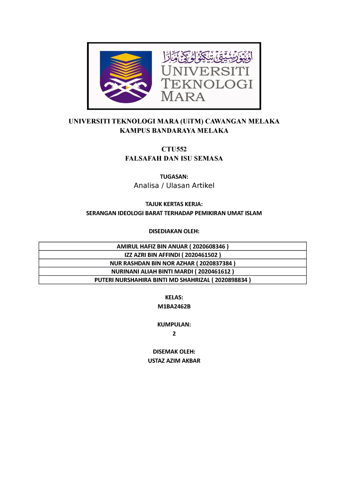 CTU 552- Falsafah Dalam Islam - UNIVERSITI TEKNOLOGI MARA (UiTM ...